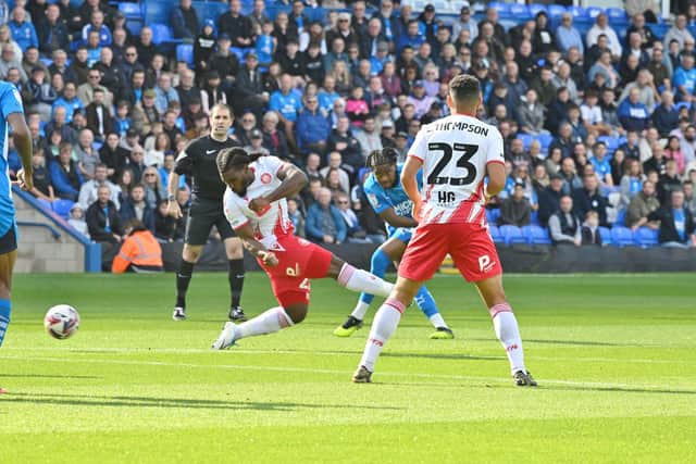Donay O'Brien-Brady scores for Posh against Stevenage. Photo David Lowndes.