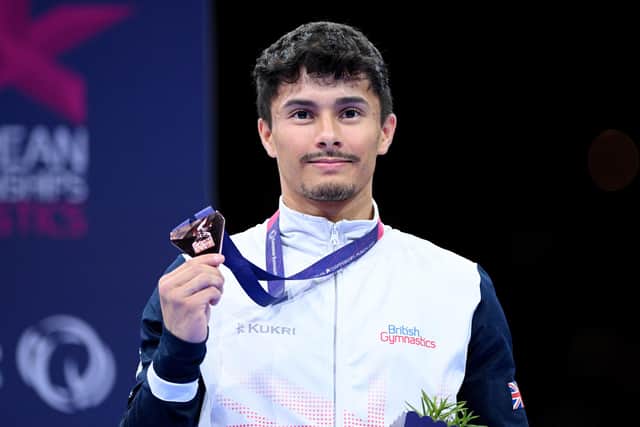 Jake Jarman with his bronze medal in the gymnastics floor final in the European Championships. Photo by Matthias Hangst/Getty Images.