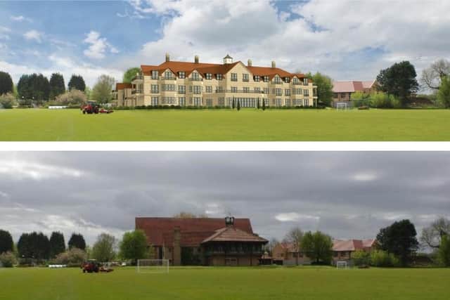 The proposed look of the new building (top) compared with the current look (bottom).