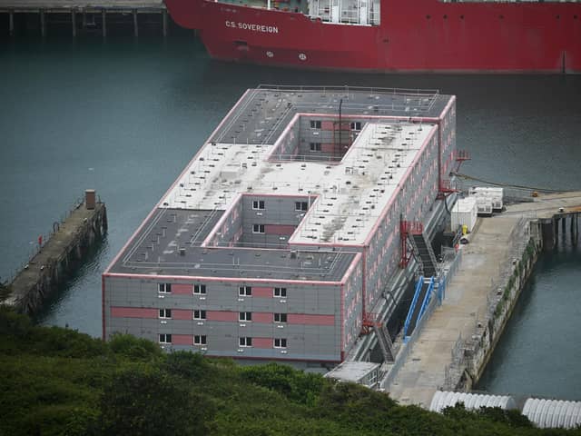 A general view of the deserted Bibby Stockholm immigration barge at Portland Port, on August 12, 2023 in Portland, England. More than three dozen migrants who arrived on the Bibby Stockholm barge were temporarily relocated after traces of legionella bacteria were found in the barge's water supply. The Home Office has leased the barge to provide accommodation for asylum seekers and reduce its use of hotels. (Photo by Finnbarr Webster/Getty Images)