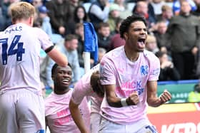 Ethan Williams celebrates a POsh goal at Leicester City. Photo David Lowndes.