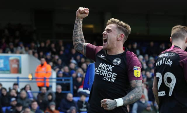 Sammie Szmodics after scoring for Posh in a 4-1 win at Ipswich Town in February, 2020. Photo: Joe Dent/theposh.com.