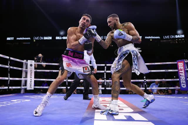 Action from Jordan Gill (left) v Zelfa Barrett in their International Super-Featherweight title fight in Manchester, England. Photo Getty Images.