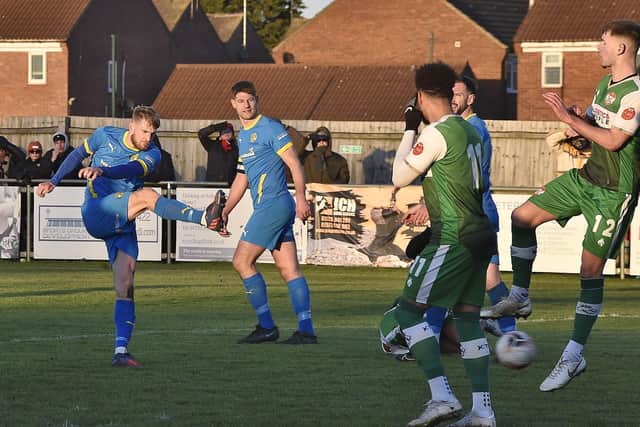 Connor Kennedy of Peterborough Sports shoots at the Kettering goal. Photo: David Lowndes.