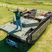 Farmer Daniel Abbot and the Crowland Buffalo, the Second World War tank which was the centrepiece of the Crowland and Thorney 1940s Weekend (image: Crowland Buffalo LVT Association)