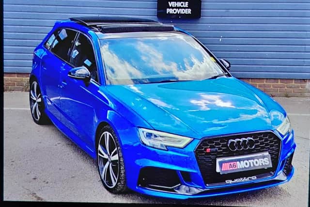 The light blue Audi RS3 stolen in a burglary in Peterborough