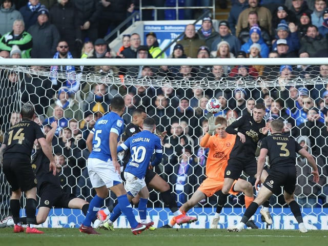 The team second in League One are one of many big clubs languishing in the third tier. Eight of them –Ipswich, Sheffield Wednesday, Barnsley, Bolton, Derby, Portsmouth, Charlton and Oxford –  have played in the top flight, but the ones I have seen this season would all have been beaten by Ivan Toney’s Posh team. Conor Chaplin (10) is pictured scoring a winning goal for Ipswich against Posh earlier this month.