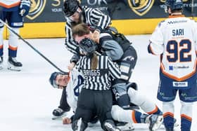 Joe Gretton (white) of Phantoms during a scuffle with a Hull Seahawk. Photo Willow Florence Photography