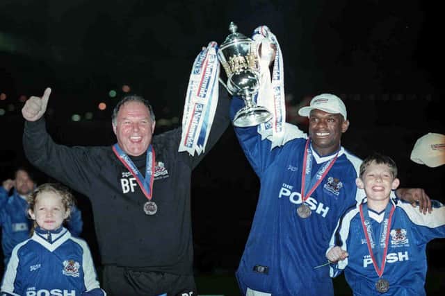 Manager Barry Fry and matchwinner Andy Clarke celebrate a Posh win at Wembley in May, 2000. Photo Empics.