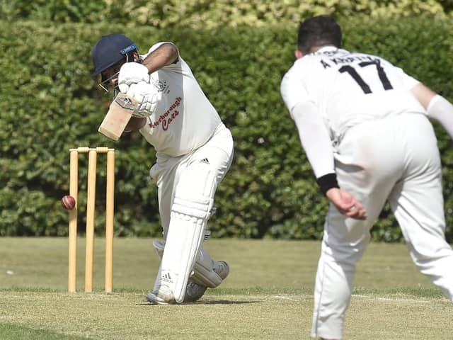 Kasahaf Hussain of Barnack is bowled by Ayub Khattak of Falcon. Photo: David Lowndes.