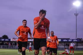 Ben Beresford celebrates his goal for Peterborough Sports v Anstey Nomads. Photo Darren Wiles.