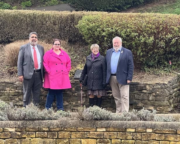 Councillors (l-to-r) Mohammed Sabir, Katie Cole, Judy Fox and John Fox in the sunken garden in Central Park where the new memorial for nuclear veterans is set to be placed.
