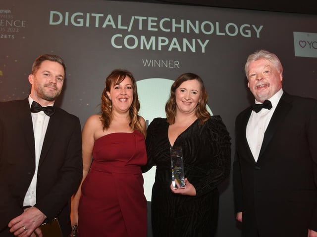 Digital and Technology sponsor Lee Porter of Yours with winners Clarity Stack and Simon Weston