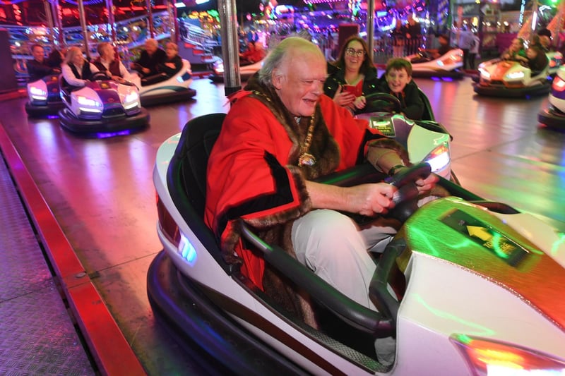Mayor of Peterborough Nick Sandford opens the Bridge Fair at the Embankment and takes the wheel of one of the dodgems.