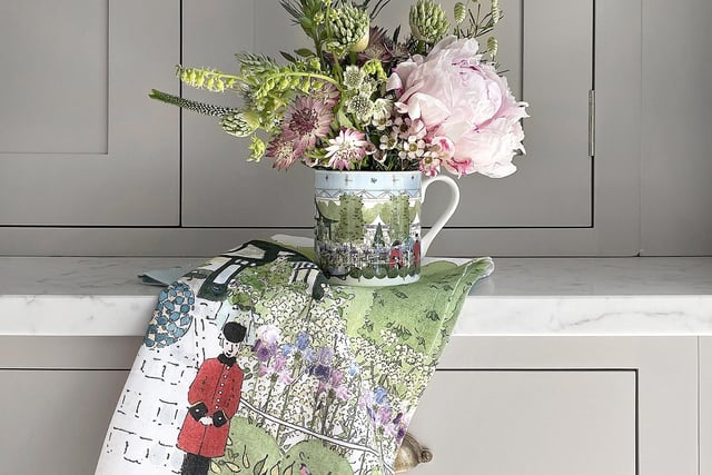 Sophie Allport's large-mug-and-tea-towel design for the Chelsea Flower Show in 2022