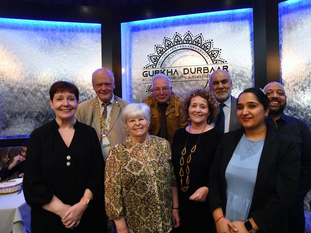 Mayor's charities curry evening at Gurkha Durbaar restaurant. Gillian Beasley, Mayor of Peterborough Nick Sandford, Mayoress Bella Saltmarsh, David Lowndes, Sue Magill, Ansar Ali, Namrata Devkota and Cllr Asif Shaheed.