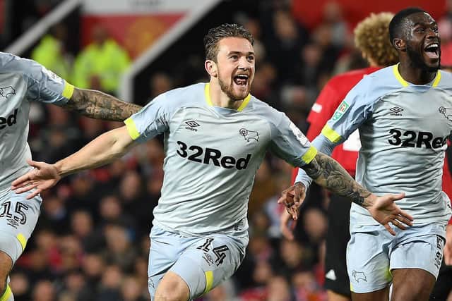 Jack Marriott celebrates a goal fro Derby County in 2018. Photo: Getty Images.