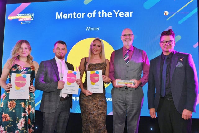 Mentor of the Year winner Nigel Wilkinson with sponsor  Marc Peacock-Smith from Compare the Market and finalists  Abbey Walden,  Jemma Ridlington and Matt Coleman