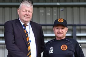 Peterborough Sports chairman Tim Woodward with Graham Drury after the managerial appointment in May. Photo Darren Wiles.