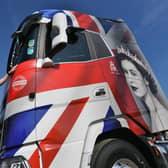 Truckfest 2023 at the East of England Arena.   Charlie Allen of Lincs 66 with Queen Elizabeth II truck