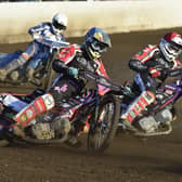 Michael Palm Toft (red helmet) and Scott Nicholls (blue) in action for Panthers against King's Lynn earlier this season.  Photo: David Lowndes.