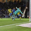 Kwame Poku scores for Posh against Sheffield Wednesday in the first leg of the 2022-23 League One play-off semi-final. Photo Joe Dent/theposh.com