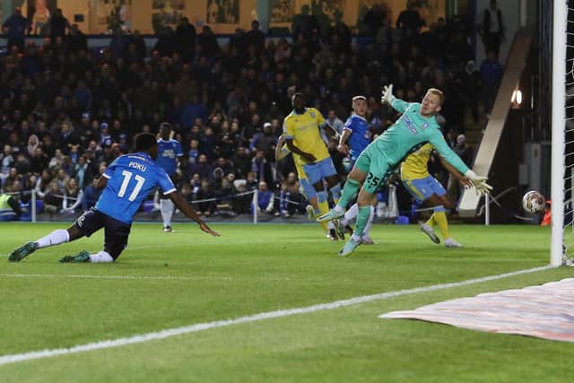 Kwame Poku scores for Posh against Sheffield Wednesday in the first leg of the 2022-23 League One play-off semi-final. Photo Joe Dent/theposh.com