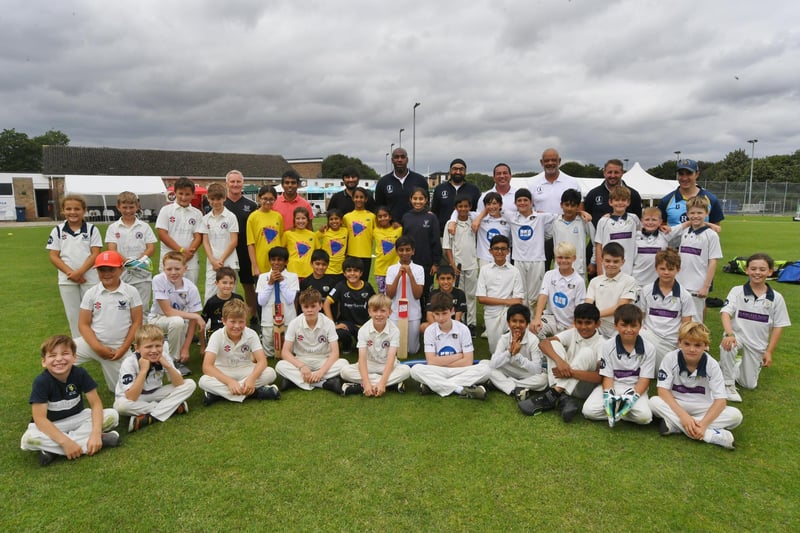 Some of the England Cricket Legends with youngsters who took part in a junior tournament at Bretton Gate.