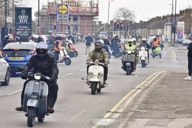 Scooter enthusiasts taking part in an Egg Run from the Cross Keys at Oundle Road