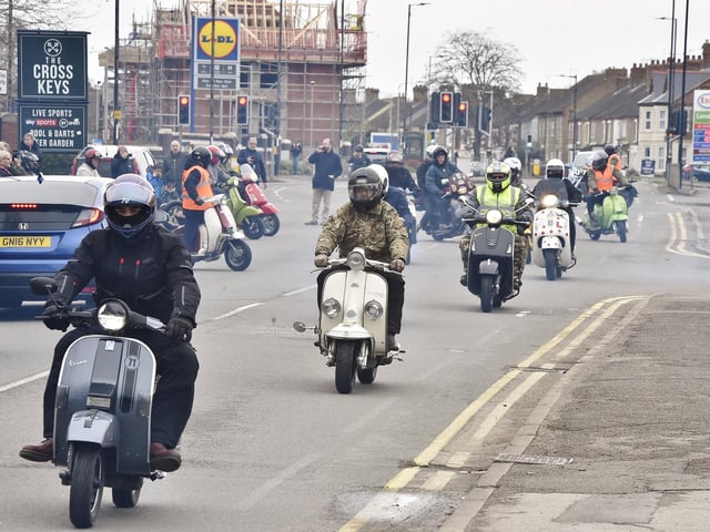 Scooter enthusiasts taking part in an Egg Run from the Cross Keys at Oundle Road