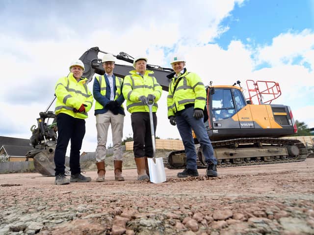 From left, Martin Gallagher (Deeley Construction), Dan Macpherson (Henry Riley), Timothy Plant (Anchor) and Andy Tansill (Quattro Design) officially start construction work on 80 supported living apartments at Silver Hill, Hampton, Peterborough.