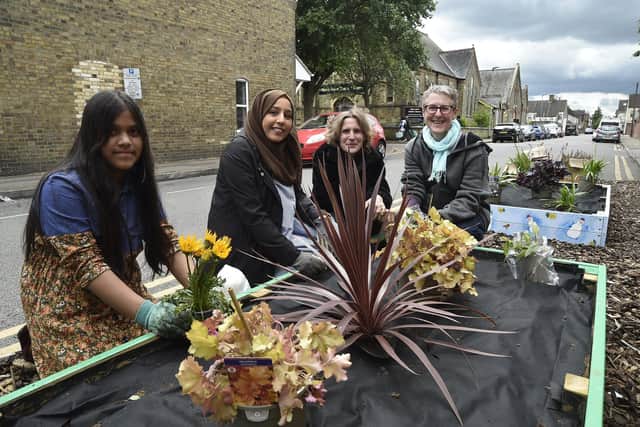 Planting flower beds at Sergeant Street Zimal Mohsin, Fashia Ashiq, Helen Walkinshaw and Sarah Haythornthwaite.