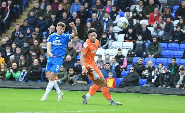 Harrison Burrows in action for Posh against Blackpool. Photo David Lowndes,