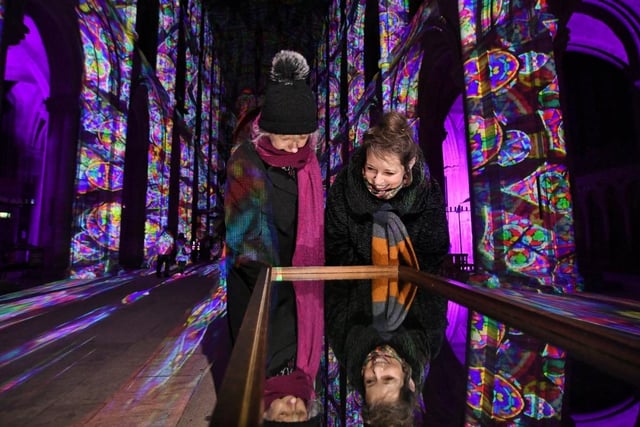 The beginning of Luxmuralis light and sound show at Peterborough Cathedral with visitors Jo Gilby and Luisa Calvo on November 23.