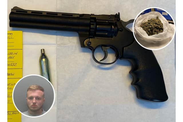 The air pistol found by police when they arrested Jamie Payne (inset) and some of the drugs seized