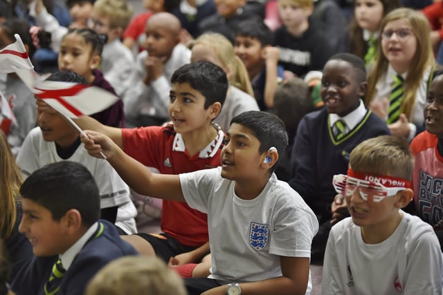  England v Iran World Cup game watched by pupils at Abbotsmede primary school.  