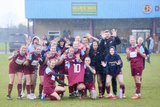 Deeping Rangers Ladies celebrate 10 wins in 10 Cambs Division Two games. Photo Jason Richardson.