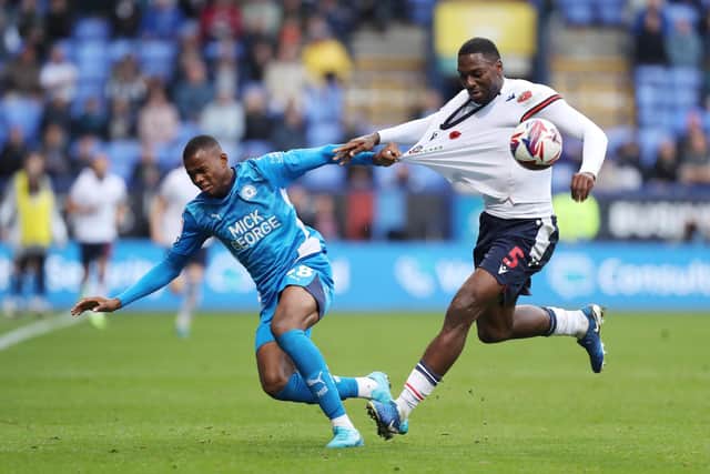 Bradley Ihionvien in action for Posh at Bolton. He hasn't played for the first team since that game. Photo Joe Dent/theposh.com.