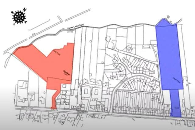 Another development (marked in blue) has been approved since the first rejection of the new development (marked in red)