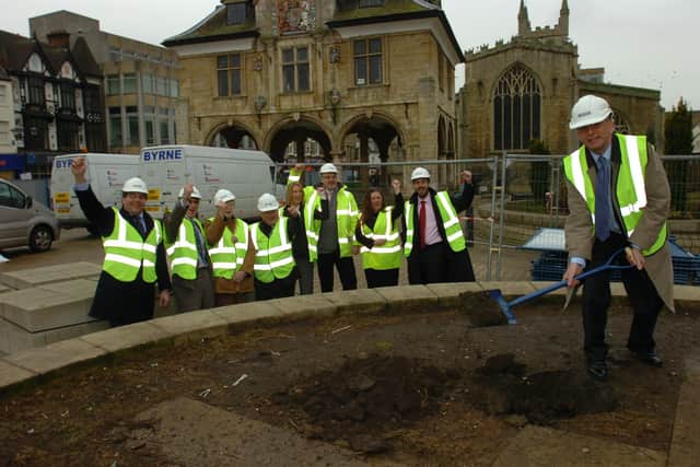 Former leader of Peterborough City Council Cllr John Peach begins work on a major revamp for Cathedral Square, Peterborough, and which involved the installation of a set of fountains..