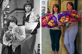Sisters Rachel Kordula (left) and Sarah Badham in 1980 standing in Bridge Street with bunches of Mother's Day flowers - and (right) the "reunion" photo taken in 2016.