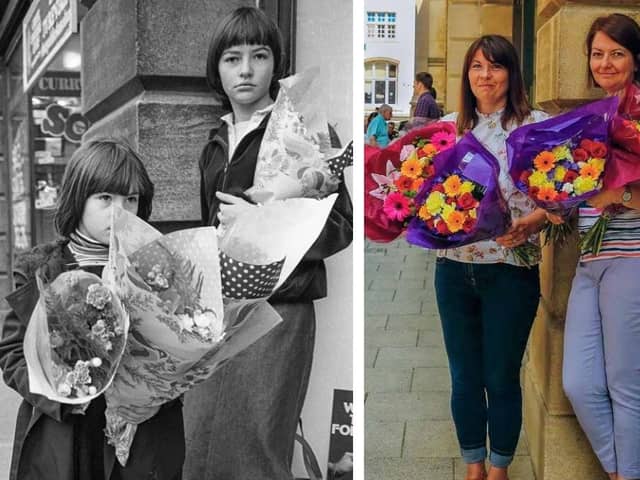 Sisters Rachel Kordula (left) and Sarah Badham in 1980 standing in Bridge Street with bunches of Mother's Day flowers - and (right) the "reunion" photo taken in 2016.