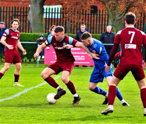 James Hill-Seekings (left) scored for Bourne at Saffron Dynamo. Photo: Dave Mears
