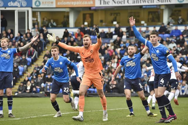 Posh appeal in vain for offside after Bolton's first goal. Photo: David Lowndes.