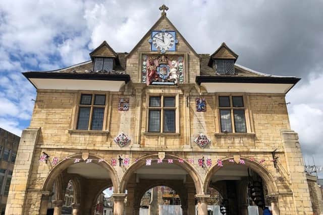 Jubilee bunting at Peterborough's Guildhall.