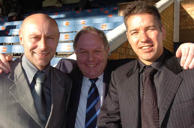 Barry Fry (centre) welcomes a new Posh management team of Darren Ferguson (right) and Kevin Russell to London Road in January, 2007.
