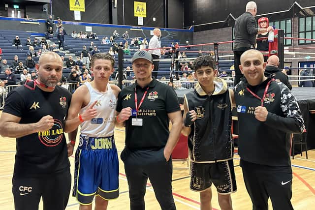 John Doe (second left) and Aamir Shirazi (second right) with Top Yard Club coaches at the National Championship quarter-finals.