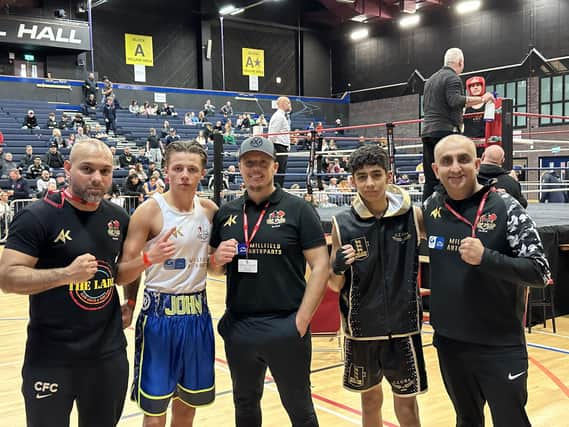 John Doe (second left) and Aamir Shirazi (second right) with Top Yard Club coaches at the National Championship quarter-finals.