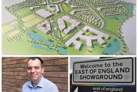 This image shows (top) the layout of the proposed leisure village, in the foreground, and the homes at the East of England Showground in Peterborough, and Ashley Butterfield, chief executive of AEPG