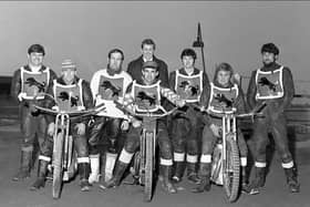 The first Peterborough Panthers team to race in an official match in 1970, from left, Joe Hughes, John Poyser, Pete Saunders, Andy Ross (capt), Alec Ford (team manager), Richard Greer, Pete Seaton, Alan Palmer. Photo: John Somerville Collection.